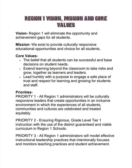 Region 1 West Vision, Mission & Core Values